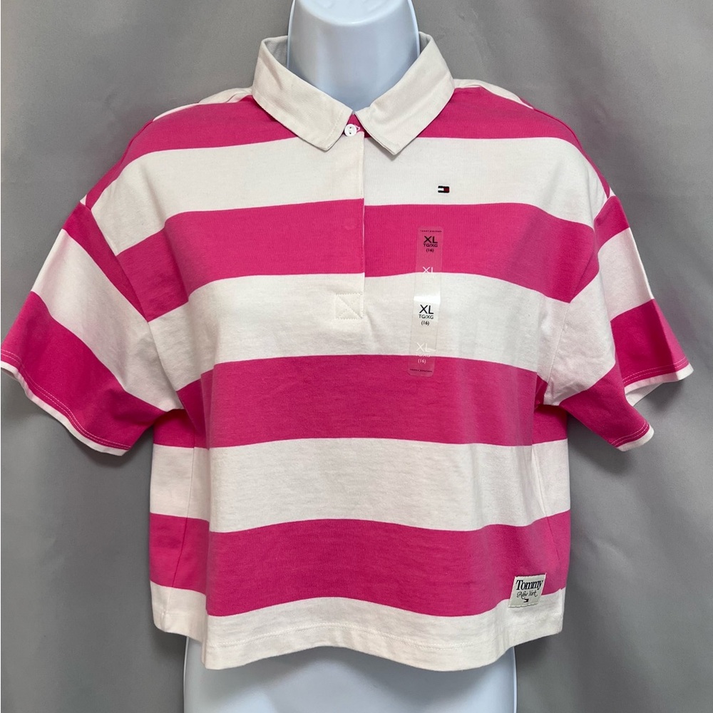 Tommy Hilfiger Women Juniors  Pink & White‎ Striped Polo (XL) 16 NWT